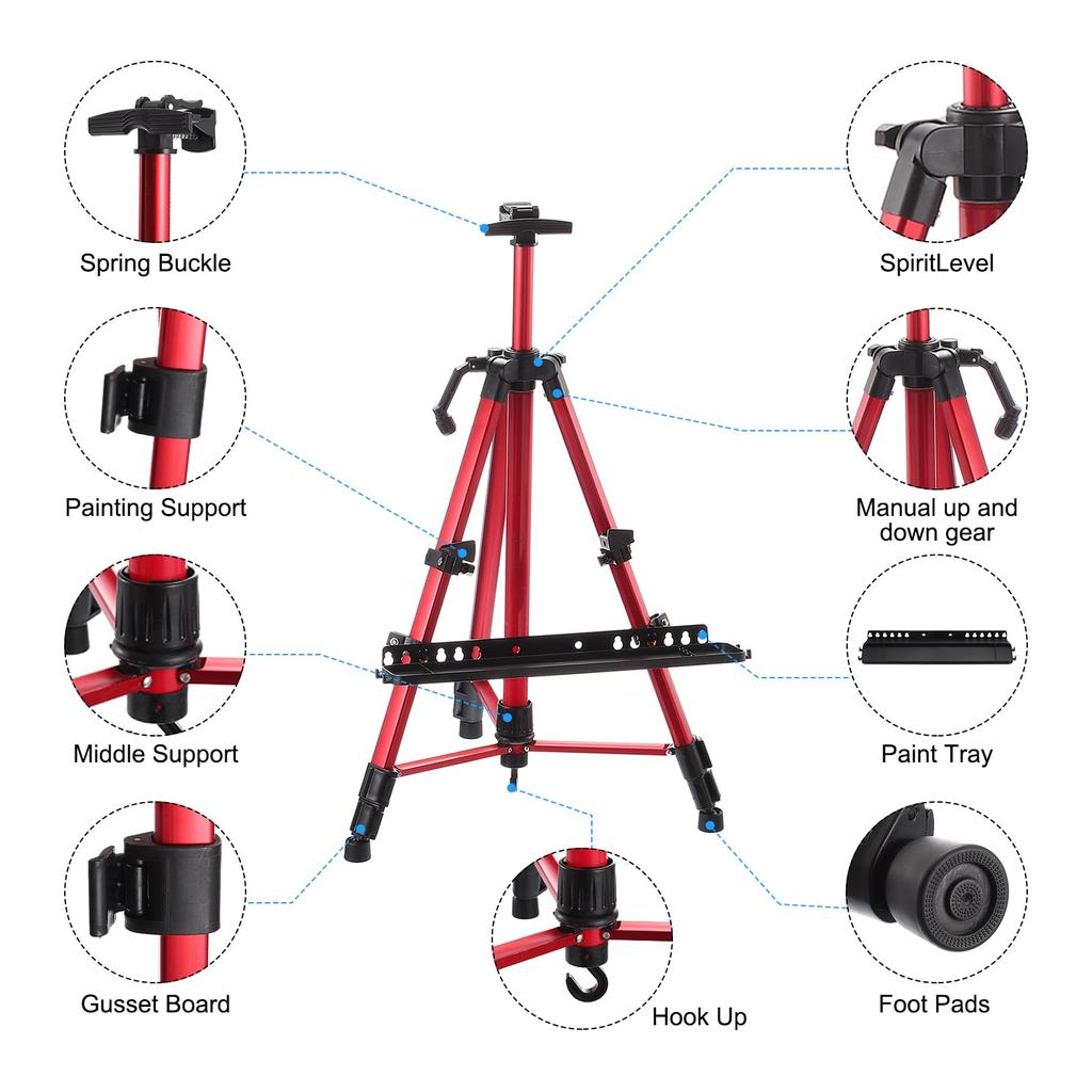 PATIKIL Artist Easel Stand, Canvas Painting Easel with Removable Tray, 20-61 Inch Adjustable Metal Tripod Stand (Tabletop/Floor), Red
