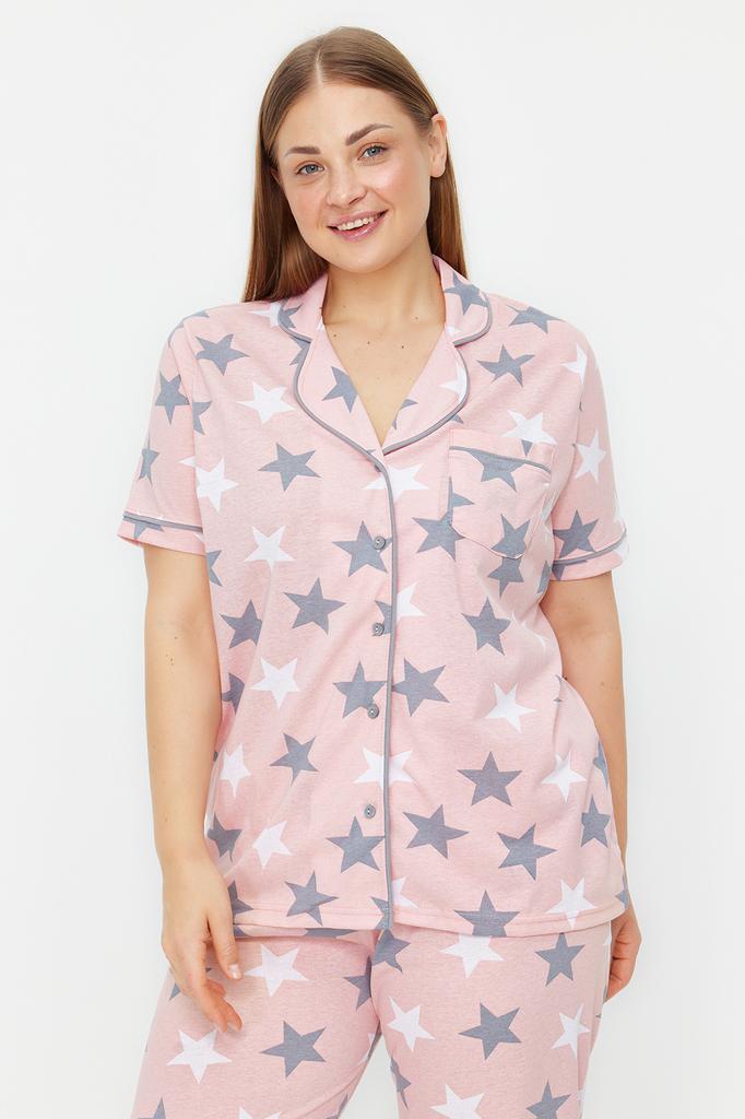 Women's Style Plus Size Powder Star Patterned Shirt Collar Knitted Pajama Set