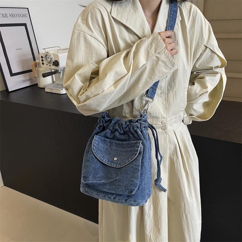 Плиссированная сумка-ведро Женская джинсовая сумка Маленькая сумка через плечо Сумка через плечо