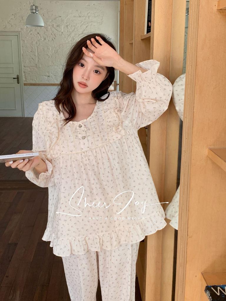 Autumn new product pure cotton Korean version comfortable square collar south French holiday series long sleeve trousers homewear women's rue
