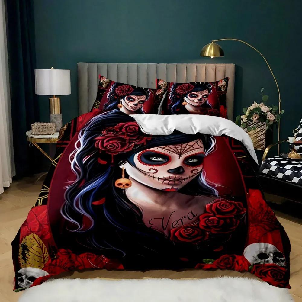 Красная Роза Череп Королева Цветочный Череп Традиционный Принт Хэллоуин Двуспальный Кинг-сайз Мягкий Полиэстер Комплект Пододеяльника
