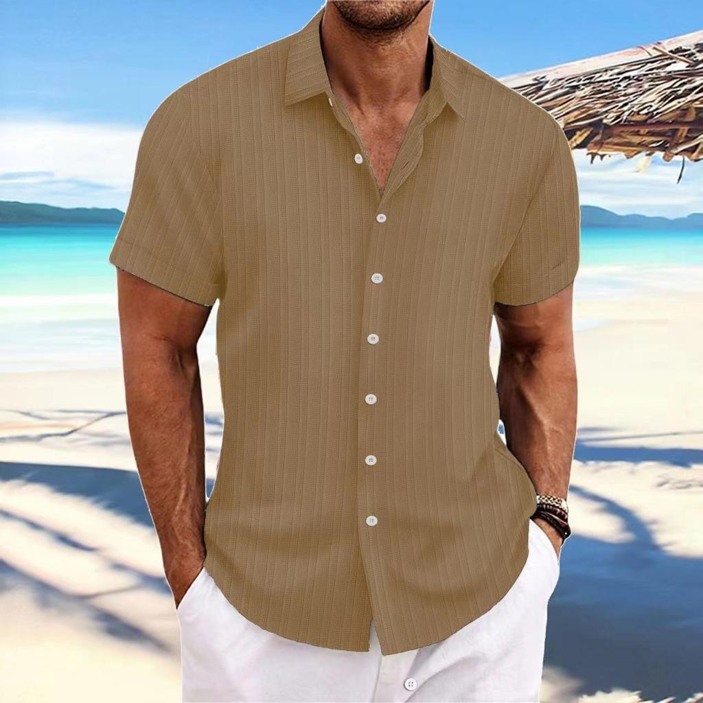 New Men's Linen Striped Jacquard Casual Loose Short-sleeved Shirt
