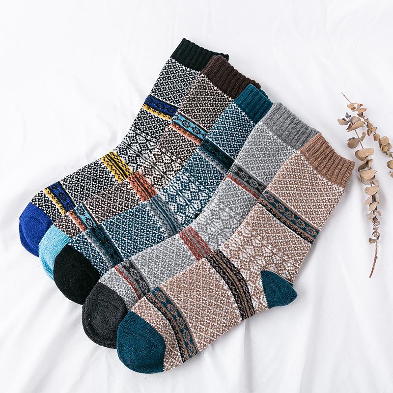 5 Pairs of Men's Winter Extended and Thickened Rabbit Wool Socks with Ethnic Style Thick Thread Mid-calf Socks