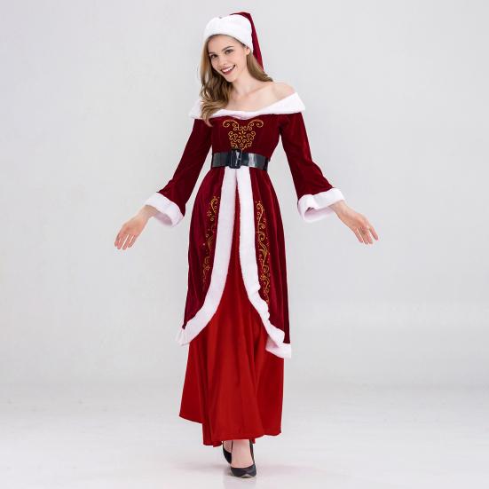 Женское рождественское платье Санта-Клауса с открытыми плечами, цветное ретро-платье в стиле Yoyal с поясом и шляпой, праздничный костюм для выступлений и вечеринок