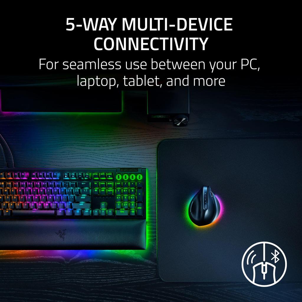 Razer Pro Click V2 Вертикальная беспроводная эргономичная конструкция Подсказка ИИ Совместимость с Windows и Mac Подключение через или проводной режим USB C Chroma RGB Мышь 6 кнопок