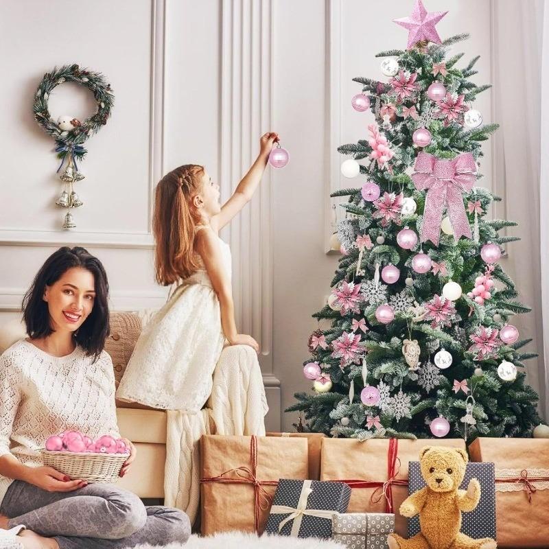 Christmas Tree Decoration 2026 Pink Balls Ornaments Glitter Poinsettia Flowers Berries Stems Snowflakes Bow Home Decor DIY Gifts