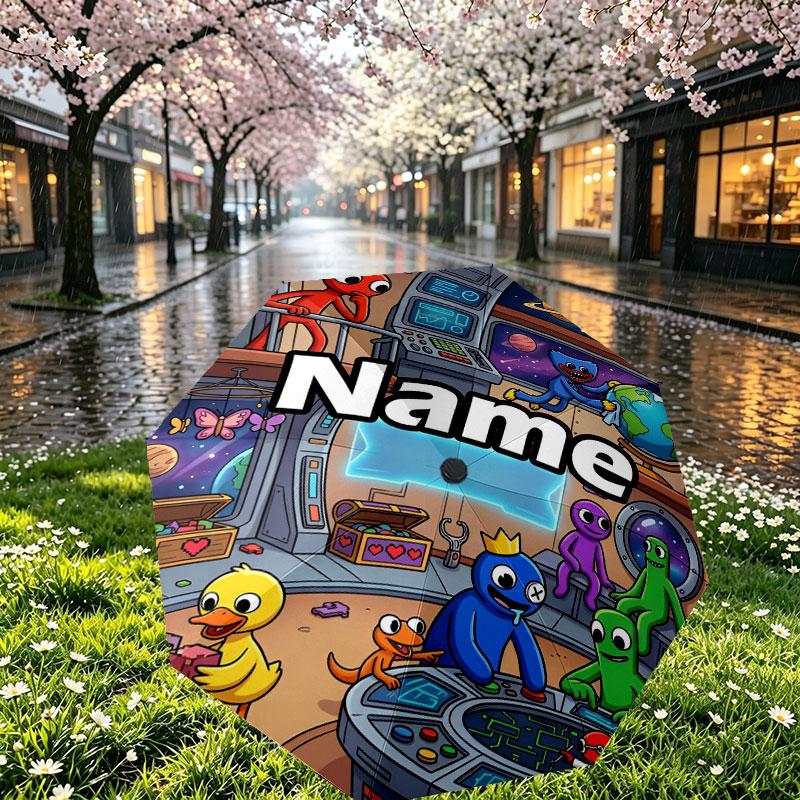 Custom Name Personalized Game Rainbow Friends Print Umbrella, Auto Open Close, 8‑Rib Sturdy Frame, Commute Camping Hiking Use, Birthday Gift