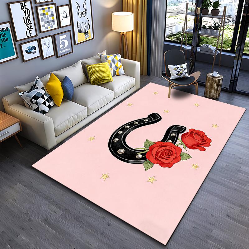 Pink Carpet with Black Horseshoe, Red Roses, and Yellow Stars Design Suitable for use as an anti-slip for living room bedroom sofas