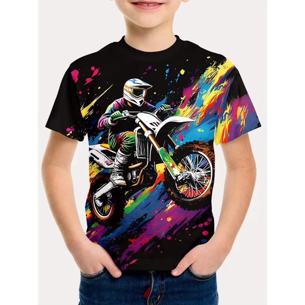 Funny Motorcycle Rider Print Kids Short Sleeves T-Shirt Loose Casual Summer Outdoor Street Boy and Girl Tees Tops