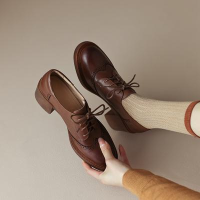 Модная женская новая скульптурная удобная внутренняя и внешняя кожа толстая подошва круглый носок шнуровка средний каблук большой блок оксфорды