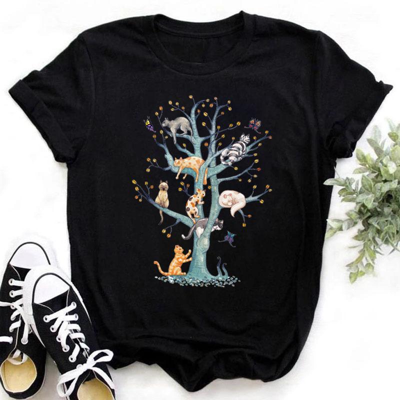 100% Polyester Women's Summer Casual Top with Cute Cat Dog Paw Print round Neck Short Sleeve T-shirt Fashion High Street Style gift