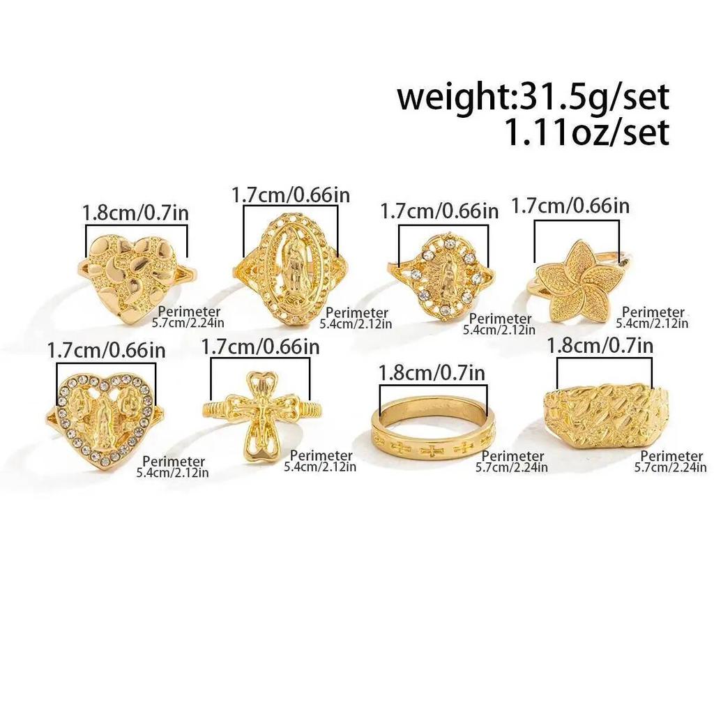 Salircon 8Pcs/Set Creative Gold Color Star Cross Open Ring Exquisite Stackable Heart Inlaid Rhinestone Finger Ring Jewelry 2026