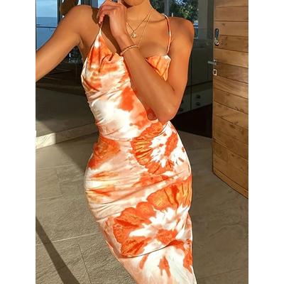 Облегающее платье-комбинация Tie Dye, сексуальное платье-спагетти с воротником-хомутом и открытой спиной, женская одежда