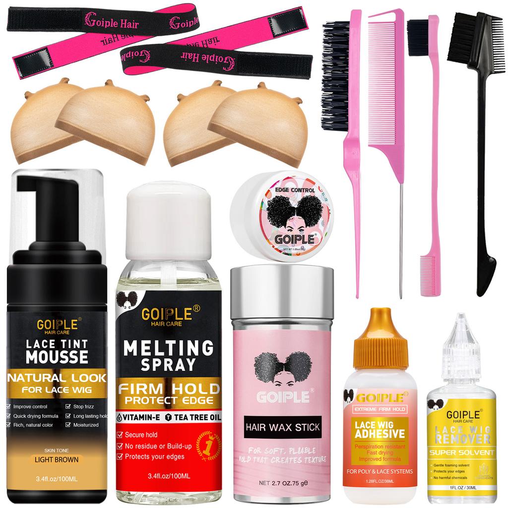 GOIPLE Wig Installation Kit Set with Lace Tint Mousse Melting Spray Wig Glue Remover Wax Stick Edge Control & Tools Wig Kit for Beginners & Daily