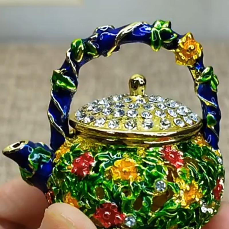 Элегантная Старинная Шкатулка для Украшений в Форме Чайника, Изделие из Сплава с Эмалевой Росписью для Коллекционеров