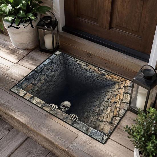Safe Non-slip Rug 3D Halloween Entrance Rug, Spooky Skeleton Depth Pattern Floor Mat Absorbent Door for Front Bathroom Entryway Entry