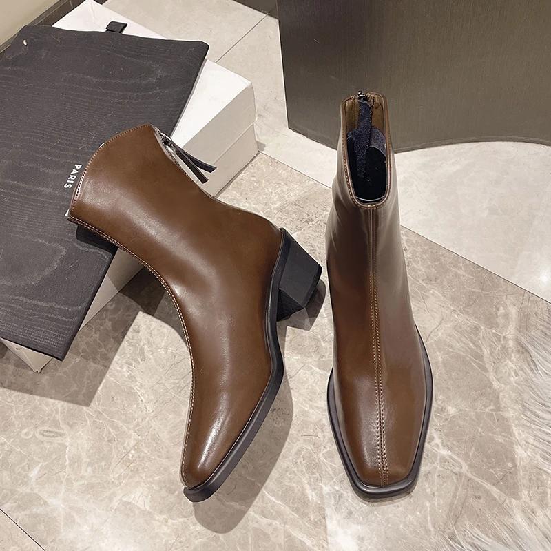 2024 Ботинки Naked женские зимние удобные и универсальные квадратный каблук однотонные молния декорированные модные ботинки женская обувь