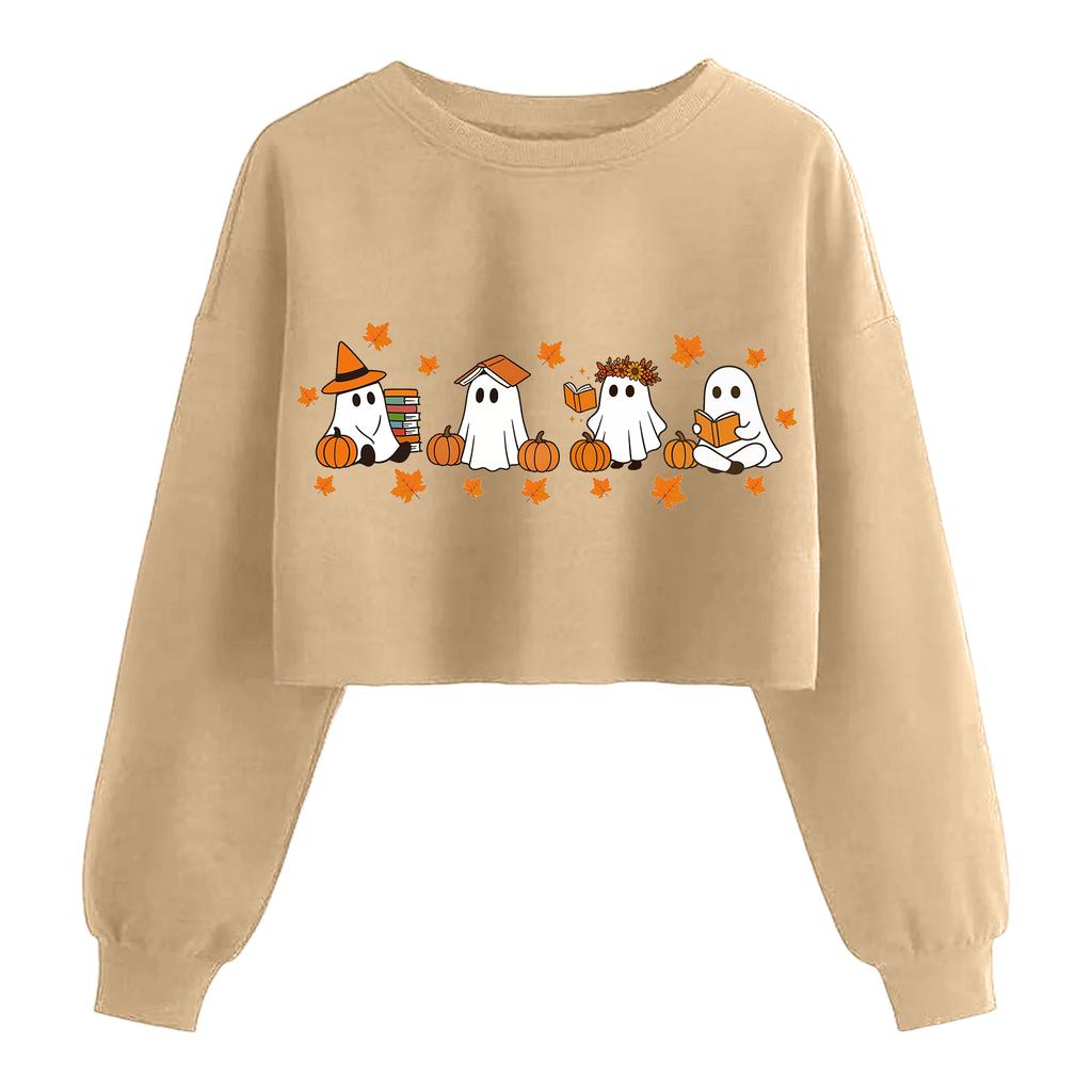 Женский модный пуловер с длинным рукавом и принтом на Хэллоуин, открывающий живот