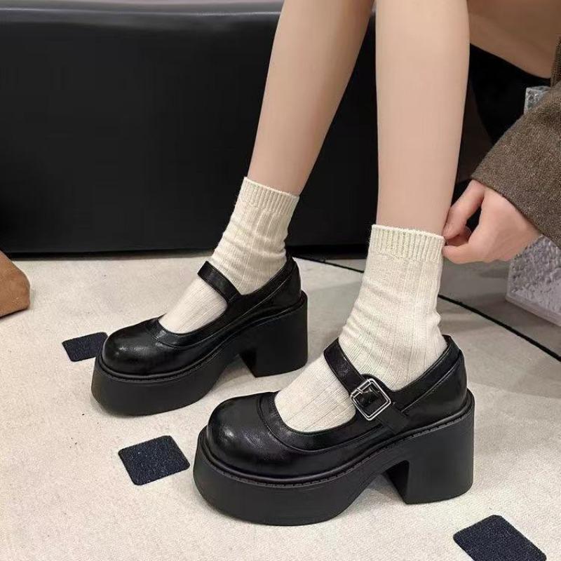 Shallow Single Shoes Women's Platform Autumn New Black British Retro College Style Thick Heel Mary Jane Small Leather Shoes
