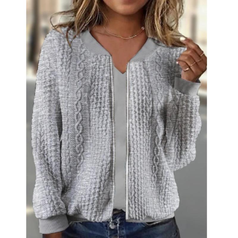 Текстурированный бомбер на молнии, повседневная однотонная верхняя одежда с длинными рукавами, женская одежда