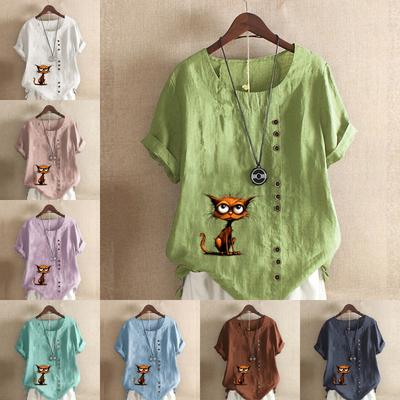 Женская модная оранжевая футболка с коротким рукавом и принтом мультяшного кота, свободная хлопковая рубашка, повседневная свободная летняя блузка, топы больших размеров