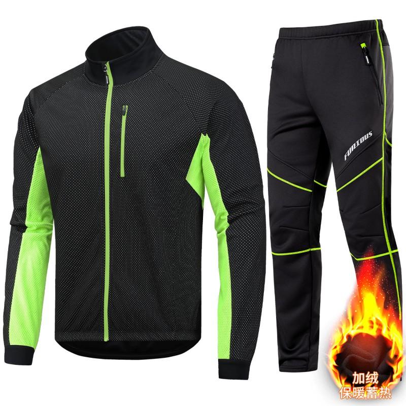 Mens Winter Thermal Cycling Jacket Pants Set Warm Windproof Fleece Bike Clothing Outdoor Sports