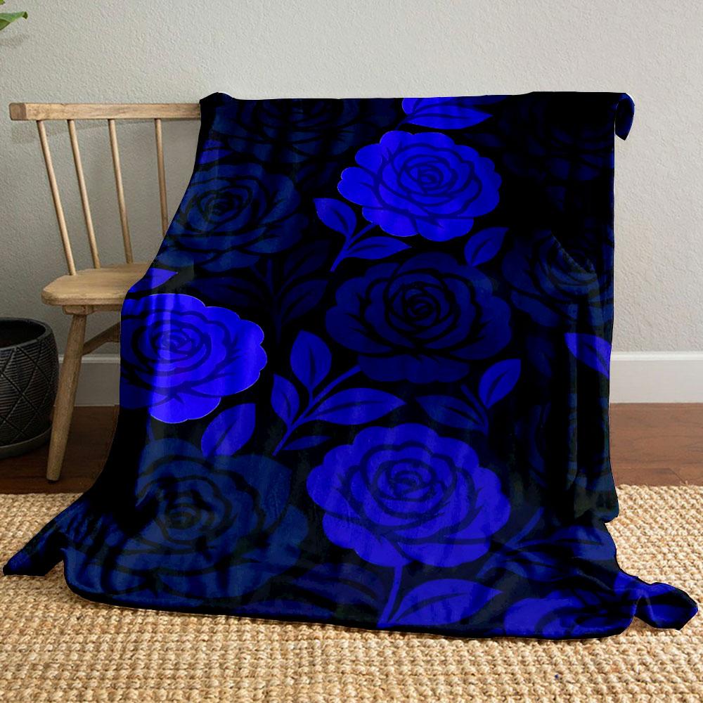 Vibrant Blue Roses on Black Background Patterned blanket, flannel, suitable for all seasons, home decor, warm and cozy