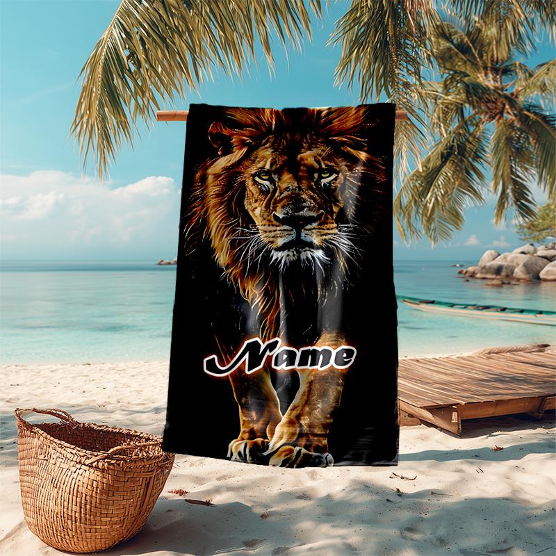1PC Custom Name Lion Power Beach Towel Highly Absorbent And Sand-Resistant Towel for Swimming, Pool, Yoga, And Travel Lightweight