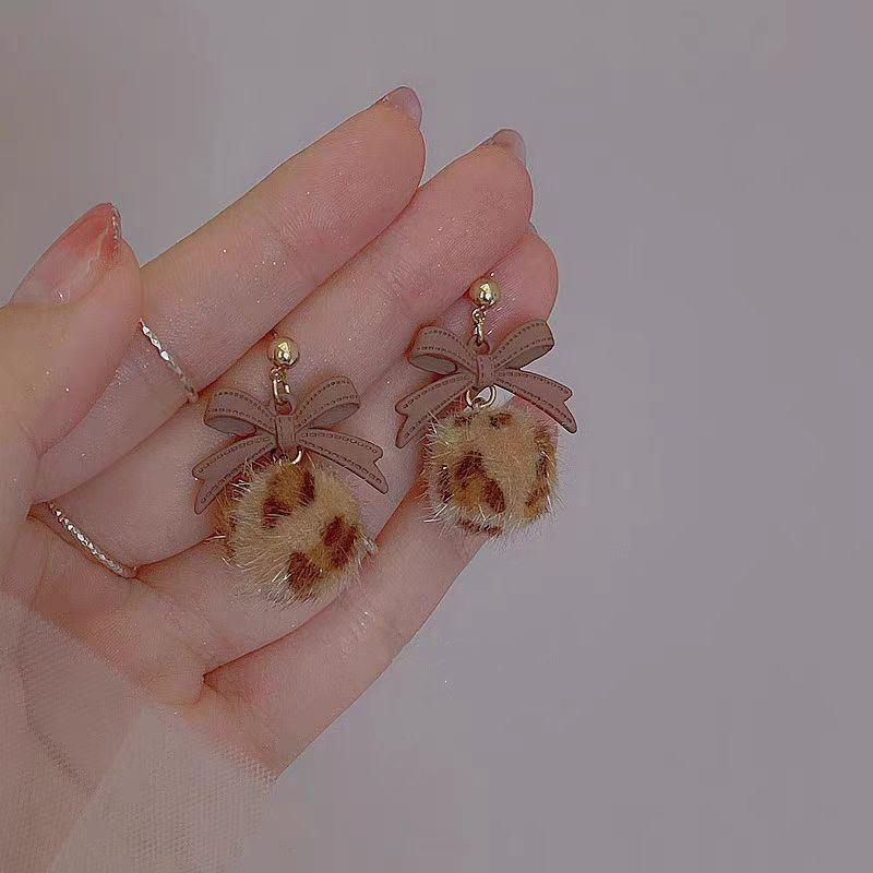 Chic Leopard Print Bow Earrings with Long Fur Ball – Trendy, High-Grade, Multi-Color Design for Women