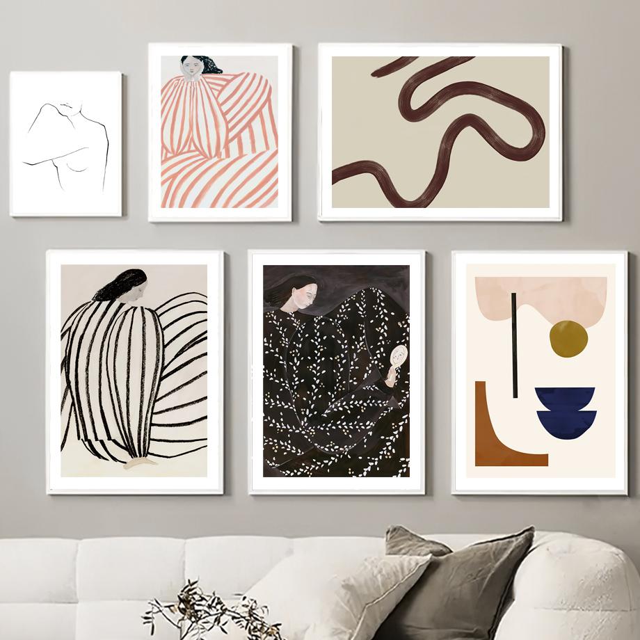 Абстрактная полосатая линия тела для девочек, геометрическая настенная живопись на холсте, плакаты на скандинавскую тему и принты, настенные панно для декора гостиной