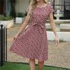 Женское леопардовое вишневое кружевное плиссированное платье весна-лето средней длины с коротким рукавом