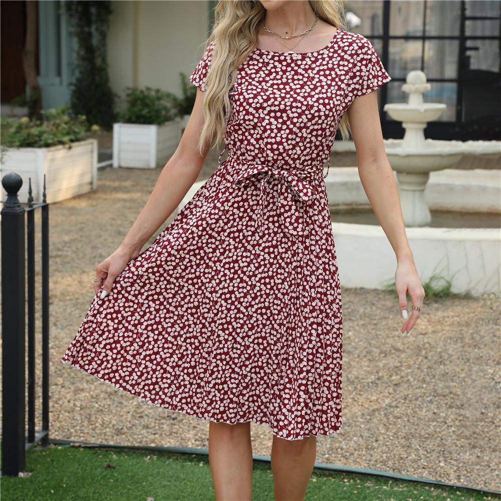 Женское леопардовое вишневое кружевное плиссированное платье весна-лето средней длины с коротким рукавом