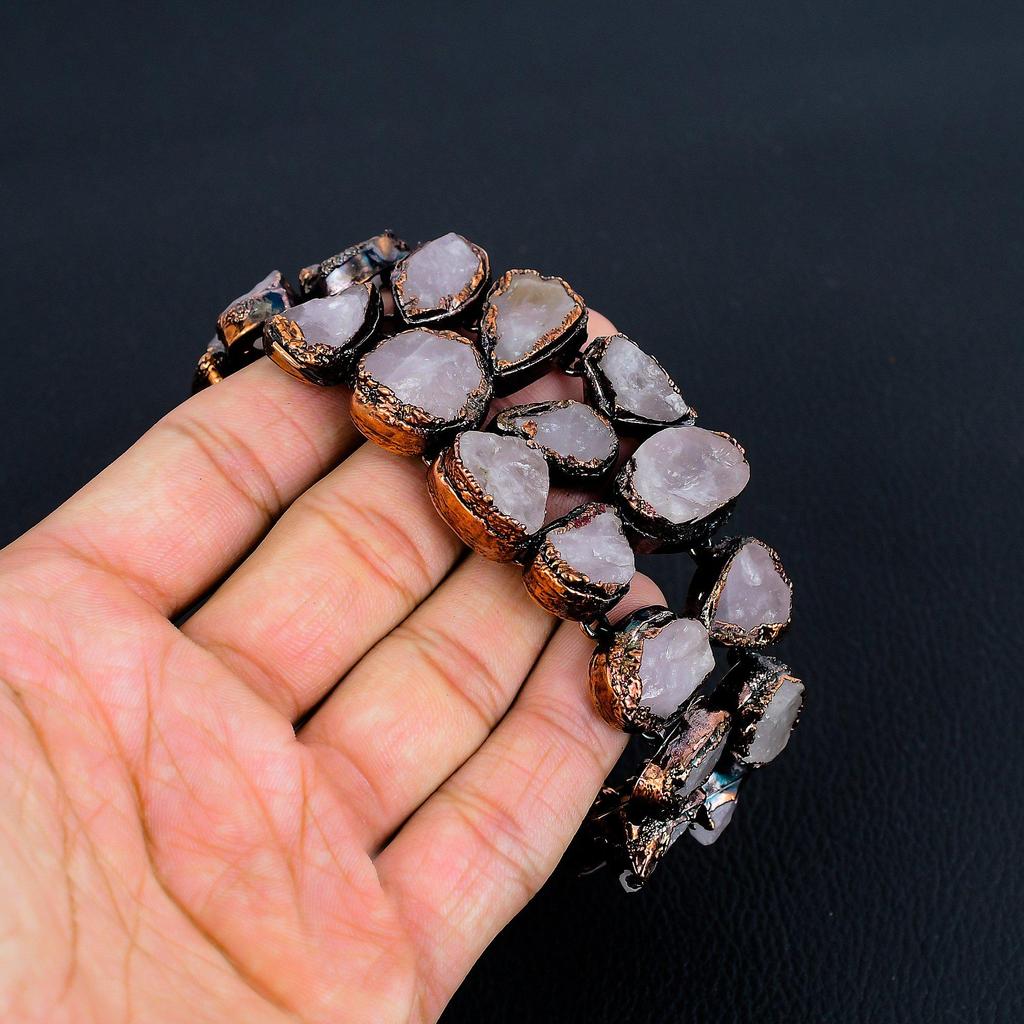 Rose Quartz Handmade Latest Design Jewelry Bracelet, Copper Electroformed Gemstone Bracelet, Gift For Mother