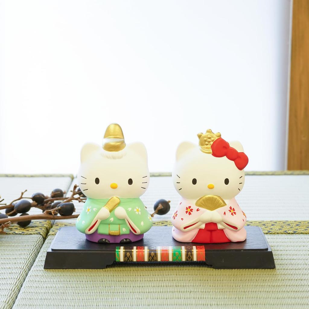 Fukubeya Seto Ware Hello Kitty Standing Hina Dolls with Pedestal | Hinamatsuri (Doll Festival) Ceramic Figurine, Compact, Made in Japan