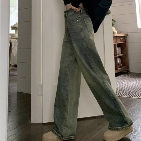 Женские джинсы с высокой талией, застежка-молния и пуговицы, сплошной цвет, свободные широкие брюки длиной до пола, ретро-стрессовые прямые карманы, мягкие цветные женские джинсовые брюки