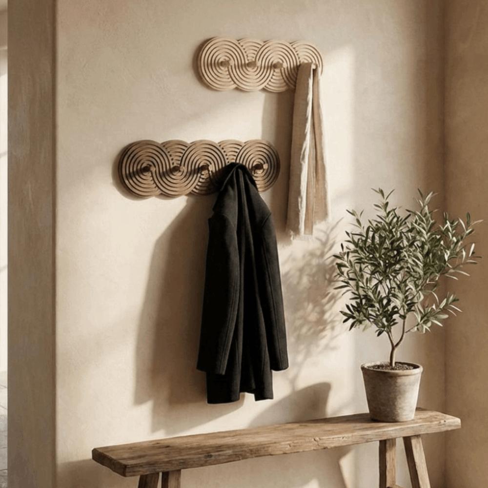 5-Hook Key Storage Rack Bohemian Style Wooden Wall-Mounted Organizer Space-Saving Modern Umbrella Storage Shelf Interior Decor