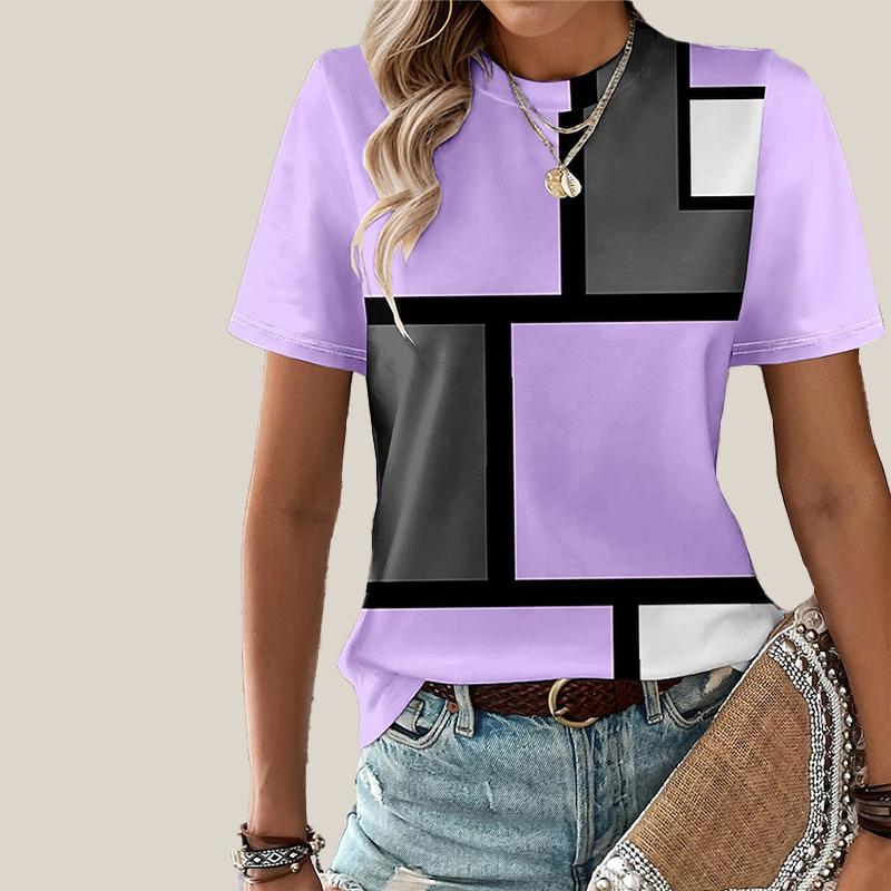 Women's Summer T-shirt Square Printed Short Sleeved T-shirt Casual Printed Top