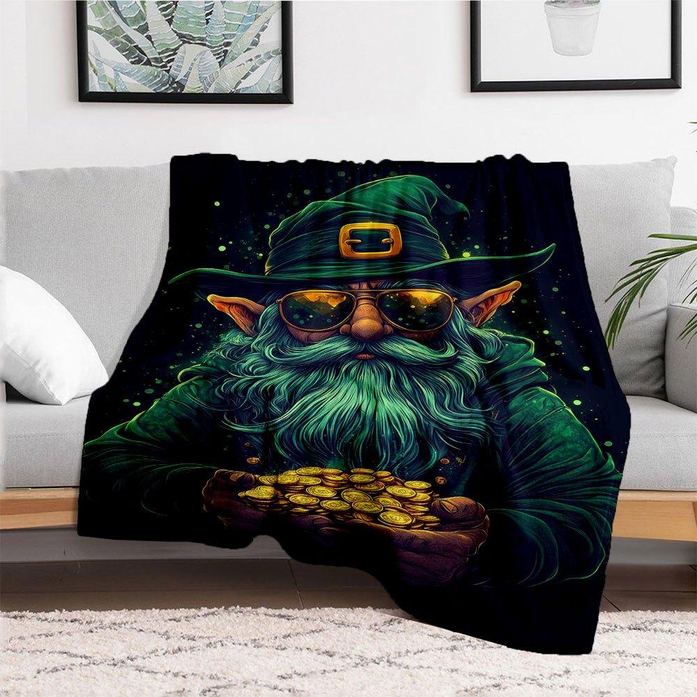 "Green Wizard Holding Gold Coins Fantasy Art Print"Blanket Flannel Throw Blanket for Sofa, Bed, Travel, Camping, Office