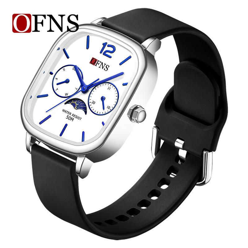 Fashion Ofns Square Quartz Watch For Men, Waterproof Casual Student Wristwatch With Date And Moon Phase, Fashion Male Clock
