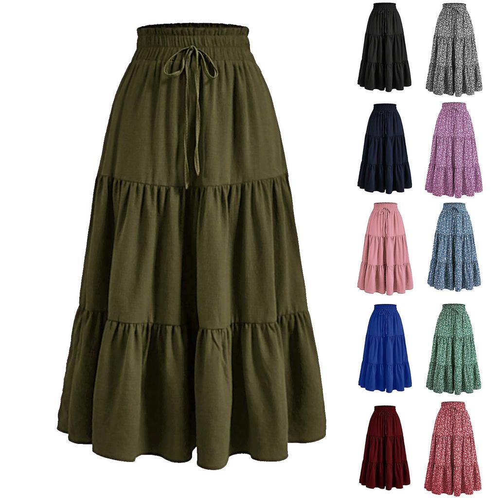 Women's Fashion Solid Color Floral Drawstring Elastic Waist Loose Long Skirt