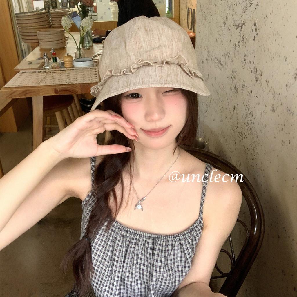 Literary style pleated flower fisherman's hat children large brim sunshade beret light face small cap