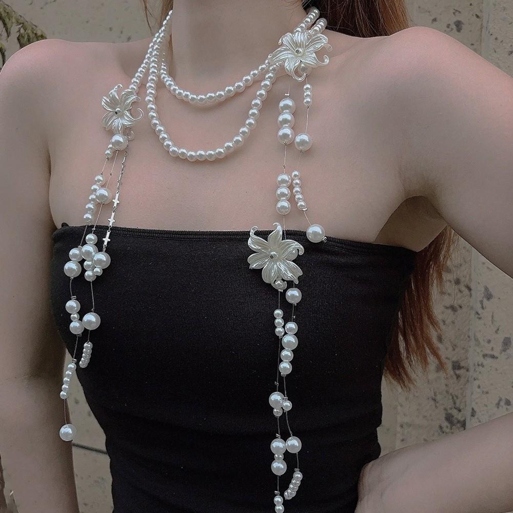 Faux Pearl Lilium Flower Pearl Necklace Multi Layer Stacked Flower Choker Vacation Look