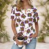 Women Plus Size V Neck Short Sleeve Cartoon Monster Printed White Curved Hem T Shirt