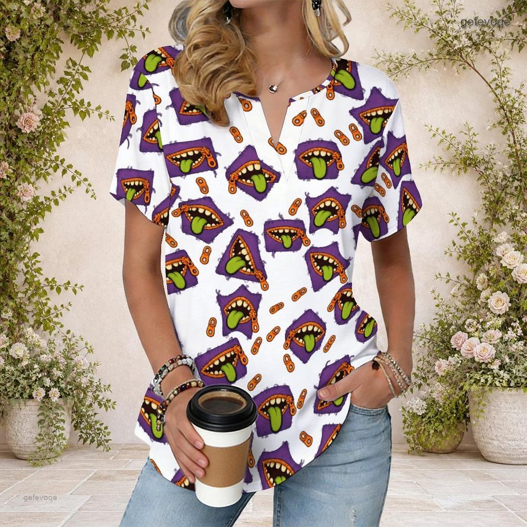 Women Plus Size V Neck Short Sleeve Cartoon Monster Printed White Curved Hem T Shirt