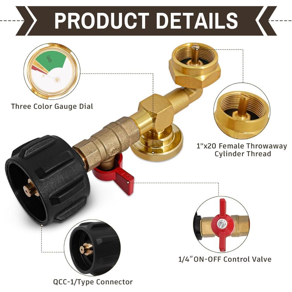 Propane filling adapter for 1-pound propane tanks, QCC1 propane adapter, 20-pound to 1-pound converter with pressure gauge valve.