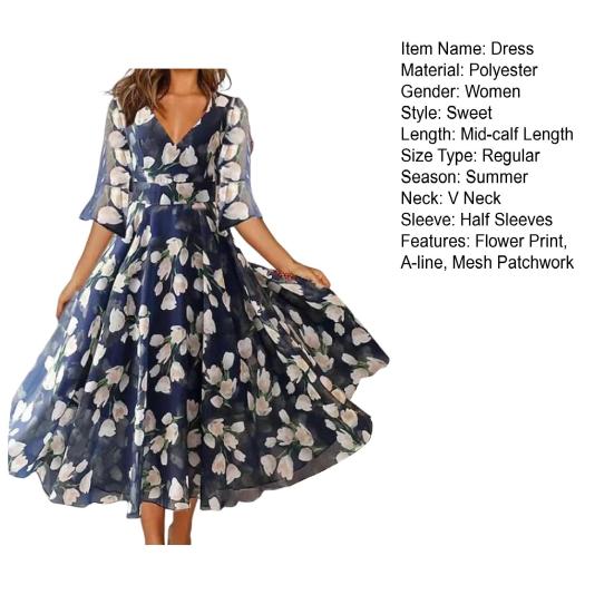 Рукав до половины Цветочный принт V-образный вырез А-силуэт Большой свободный крой Плиссированная сетка Пэчворк Длина до середины икры