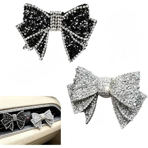 2 PCS Bling Bow Car Vent Clips, Rhinestone 3D Stereo Bowknot Decoration for Women & Girls, Leather Air Outlet Diffuser Clip, Interior Ornament
