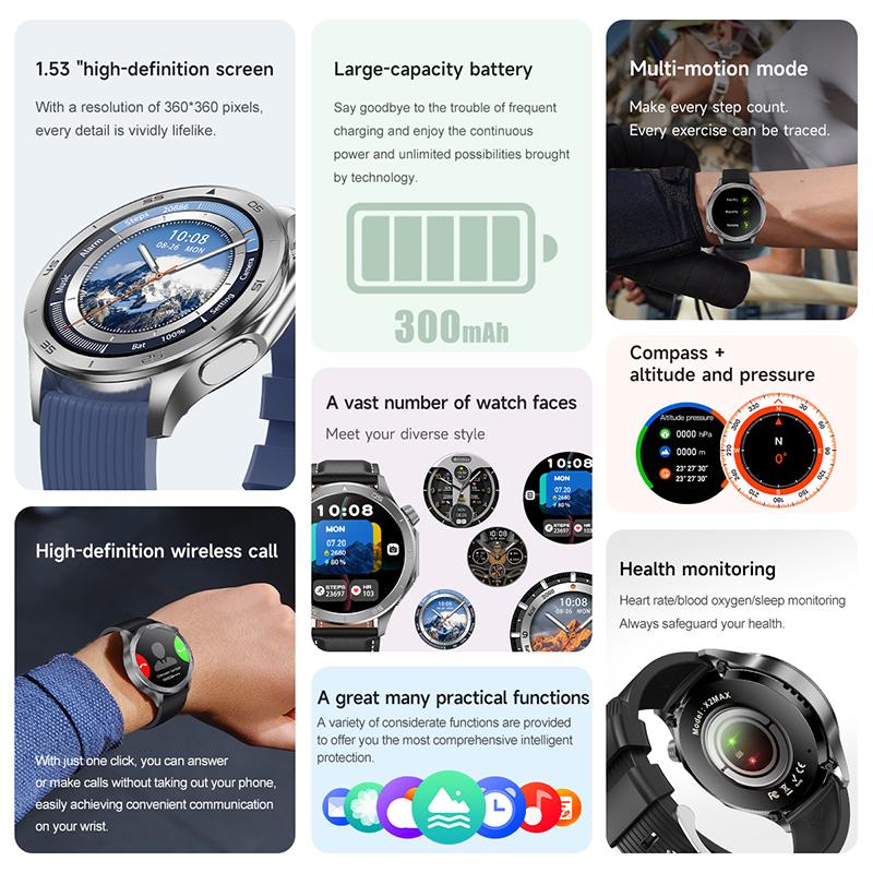 Новые умные часы X2 Модные умные часы для мужчин 1,53'' AMOLED Для улицы GPS Компас Пульсометр IP68 Водонепроницаемые Bluetooth-звонки Умные часы