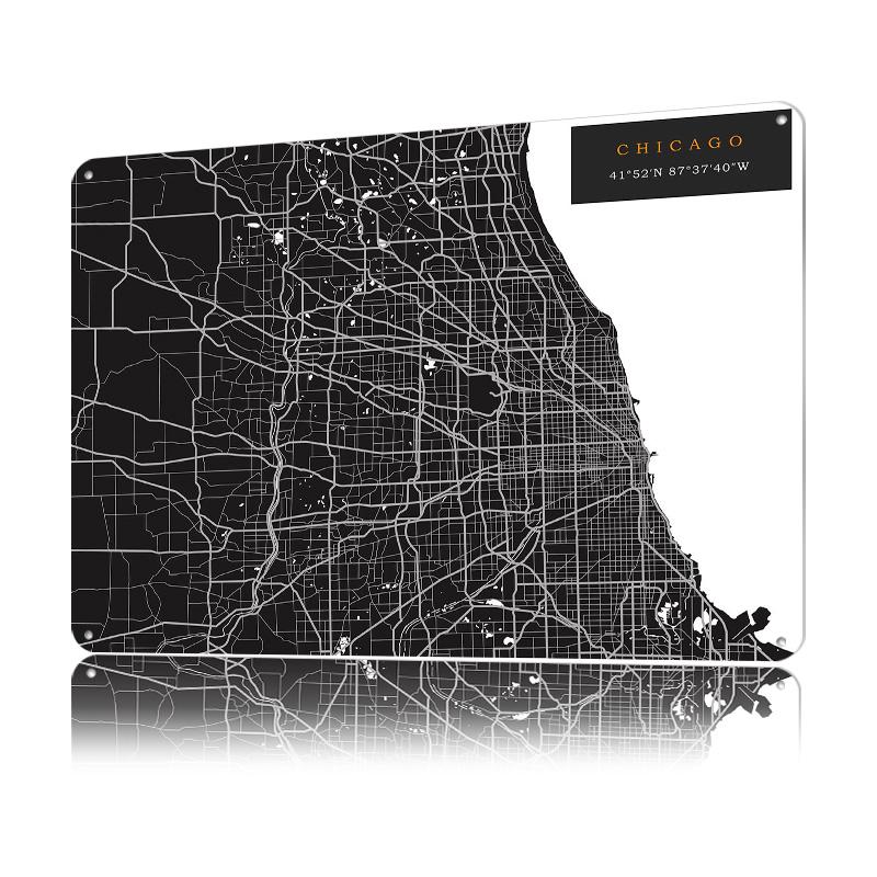 Chicago Map Printing Poster Customized Retro Wall Art Vintage Metal Signs for Room Bedroom Decoration Gaming Office Decor House