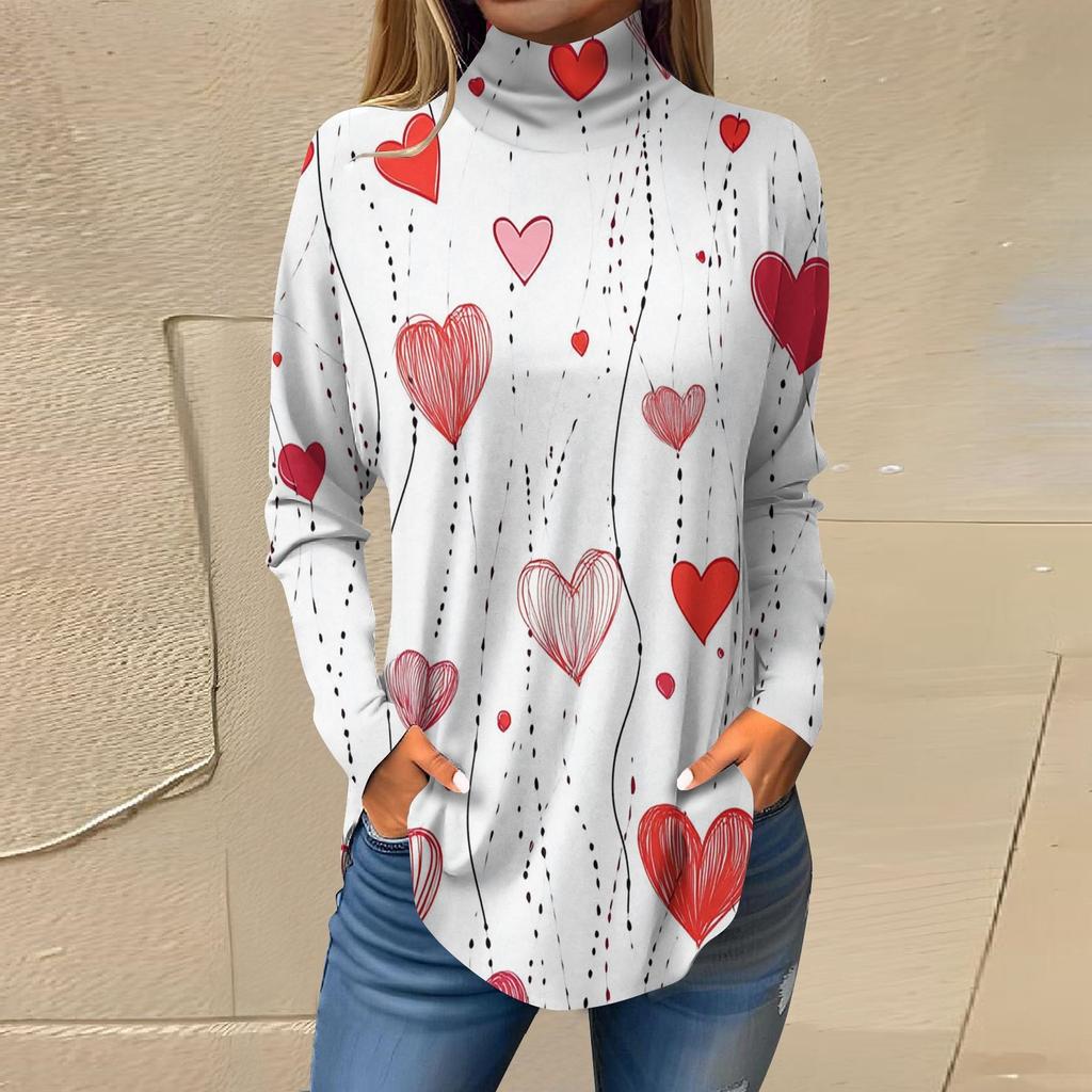 Футболки для женщин, осенние повседневные рубашки с длинным рукавом, толстовка с принтом, топ с высоким воротом, пуловер